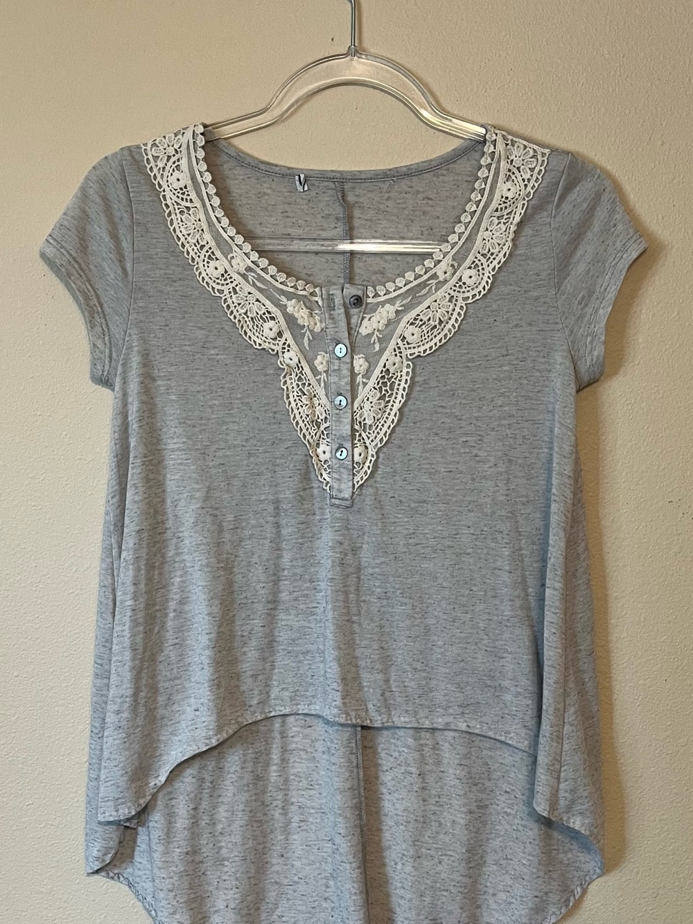 Lace-Trim Hi-Low Heather Gray Women's Top